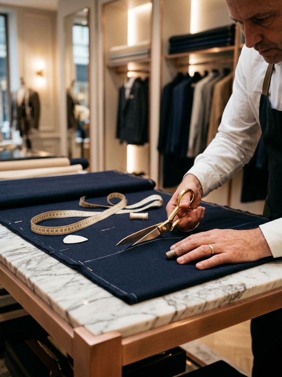An Atelier tailor hand-finishing a dress in the Colombo workshop